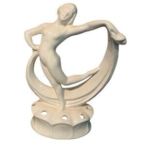 Antique Flower Frog Ceramic Dancing Woman Figurine Ivory Glaze Art Deco 6"